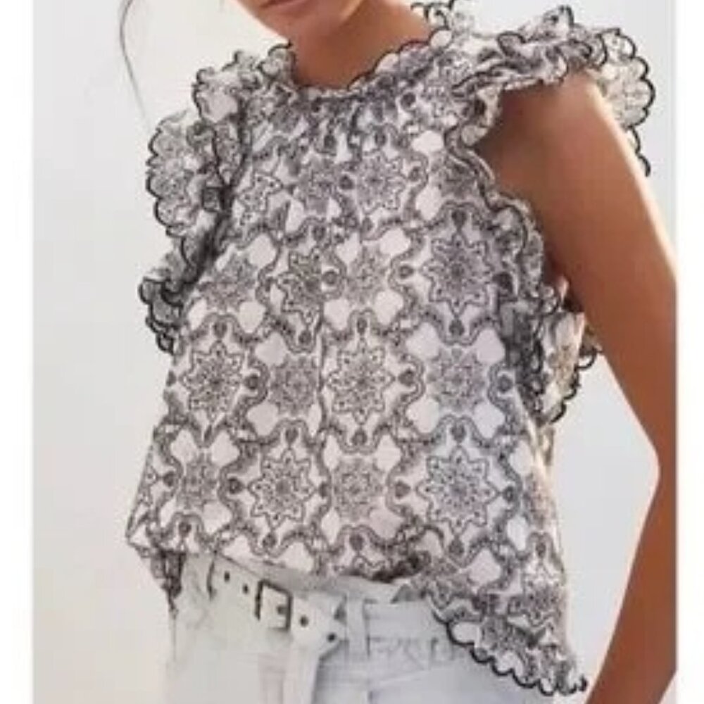Embroidered Ruffle Sleeve Black White Cotton Top Blouse by Anthropologie Size S